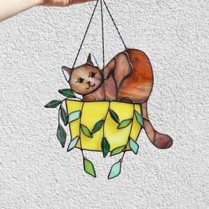 Cat in a flowerpot Suncatcher Stained Glass Window Hangins Glass Wall Decor Cat Art gift Custom Cat Gift idea for cat lover