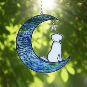 Stained Glass Dog on Crescent Moon Suncatcher – Handmade Glass Window Hanging with Star Pendant, Celestial Pet Lover Gift and Home Decor