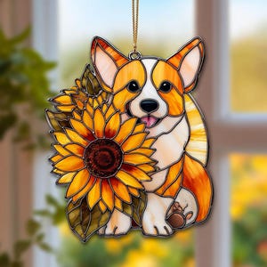 Corgi With Sunflower Acrylic Suncatcher Cute Dog Faux Stained Glass Window Hanging, Floral Pet Decor Gift For Dog& Cottage Lover, Dog Lover