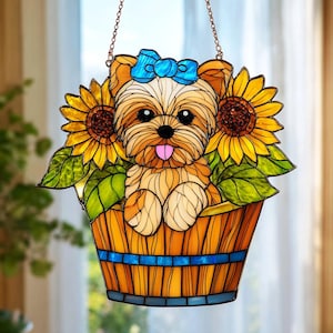 Yorkie Puppy ACRYLIC Suncatcher: Sunflower Dog Memorial Gift, Yorkshire Terrier Suncatcher, Dog and Sunflower Window Decor, Pet Loss Gift