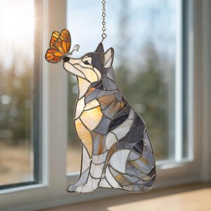 Husky Suncatcher with Butterfly: ACRYLIC NOT GLASS Dog Window Hanging Unique Gift for Dog Lovers, Dog Memorial Gift, Pet Loss Gift