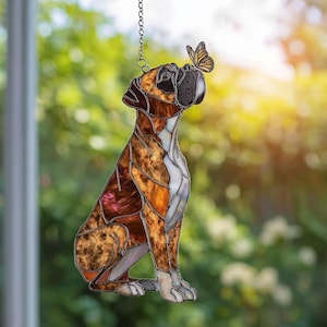Boxer Dog ACRYLIC Suncatcher, Cute Dog with Butterfly, Mom Gift, Pet Memorial Ornament, Dog Lover Gift, Acrylic Wall Art, NOT GLASS