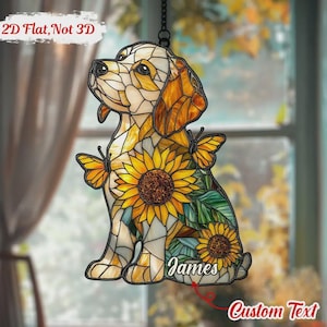 Sunflower Puppy ACRYLIC Faux Stained Glass Suncatcher Window Hanging, Cute Dog with Sunflower Home Decor Gift For Dog Lovers