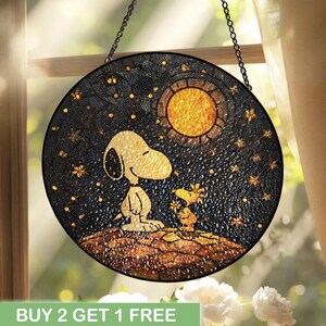 Dog Cute Stained Glass Suncatcher, Friendship Gift For Fans, Celestial Moon And Stars Art Decor, Suncatcher Home Decor Gift, S.n.oopy Cute.