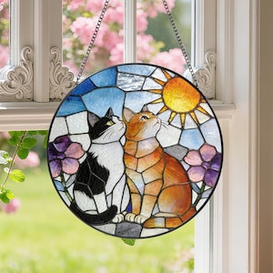Cat Couple Stained Glass Suncatcher, Tuxedo Orange Cat Glass Window Hanging Art, Pet Keepsake Glass Sun Catcher,Memorial Gifts for Cat Lover
