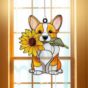 Corgi With Sunflower Acrylic Suncatcher Window Hanging, Cute Dog Lover Floral Window Charm, Unique Home House Decor Custom Gift