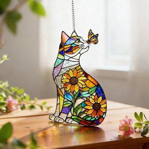 Stained Glass Kitty Ornament, Floral Cat Window Hanging, Butterfly Sun Catcher Decor, Gift for Animal Lovers