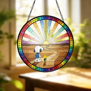 Snoopy and Woodstock Stained Glass Suncatcher, Rainbow Sunset, Friendship Gift