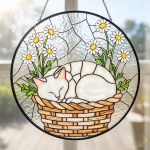 Sleeping White Cat in Daisy Basket Stained Glass Suncatcher, Floral Garden Window Hanging, Cat Lover Gift, Pet Memorial Decor, Gift for Mom