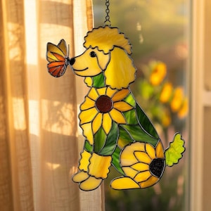 Sunflower Poodle FAUX Stained Glass Window Hanging, Sunflower Dog ACRYLIC Suncatcher, Floral Dog Suncatcher