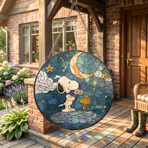 Snoopy Woodstock Stained Glass Suncatcher, Night Sky Friendship Art, Window Hanging Decoration