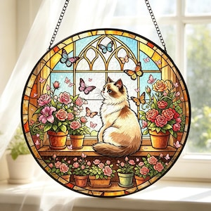 Charming Cat Garden Suncatcher – Stained Glass Window Art – Handmade Nature Sun Catcher– Tropical Garden Decor