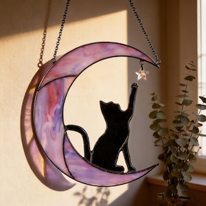 Moon Cat Stained Glass Suncatcher, Black Cat Window Hanging Decor, Cat Lover Gift, Celestial Moon Decor, Pet Memorial Gift