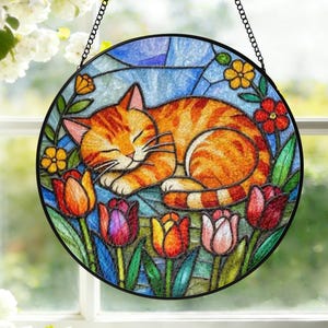 Stained Glass Suncatcher Tabby Cat, Cat Window Hanging, Cat Sun Catcher,Orange Tabby Cat Glass Art Gift for Cat Lovers S59