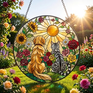 Charming  Cat Couple Garden Suncatcher Stained Glass Dog Pet Window Hanging Glass Ornament Mom Gift
