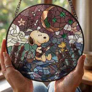 Snopy Wodstock Stained Glass Suncatcher, Peanut Style Cartoon Window Hanging, Night Sky Friendship Decor, Cute Dog Bird Glass Art Gift