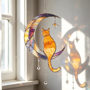 Custom Cat Memorial Suncatcher, Handmade Stained Glass Cat on Moon Suncatcher with Crystals, Warm Boho Celestial Art Decor, Cat Lovers Gifts