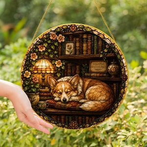 Corgi Sleeping Bookshelf Stained Glass Window Suncatcher, Cute Dog Literary Hanging Decor, Pet Lover Home Art Piece - Golden Frame