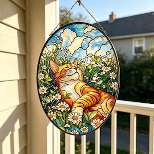 Handmade Orange Tabby Cat Stained Glass Suncatcher, Daisy Garden Window Hanging
