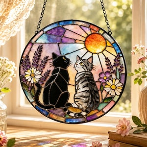 Cat Couple Stained Glass Suncatcher, Black and Tabby Cats Window Hanging, Romantic Cat Decor, Floral Garden Art,  Cat Lovers Gift