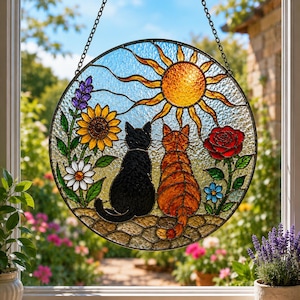 3D Charming Black Orange Cat Couple Garden Suncatcher, Stained Glass Window Hanging Gift