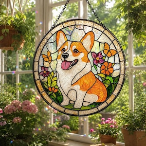 Cute Corgi Stained Glass Suncatcher, Pet Lover Gift, Dog Memorial Ornament, Corgi Mom Gift, Dog Lover Gift
